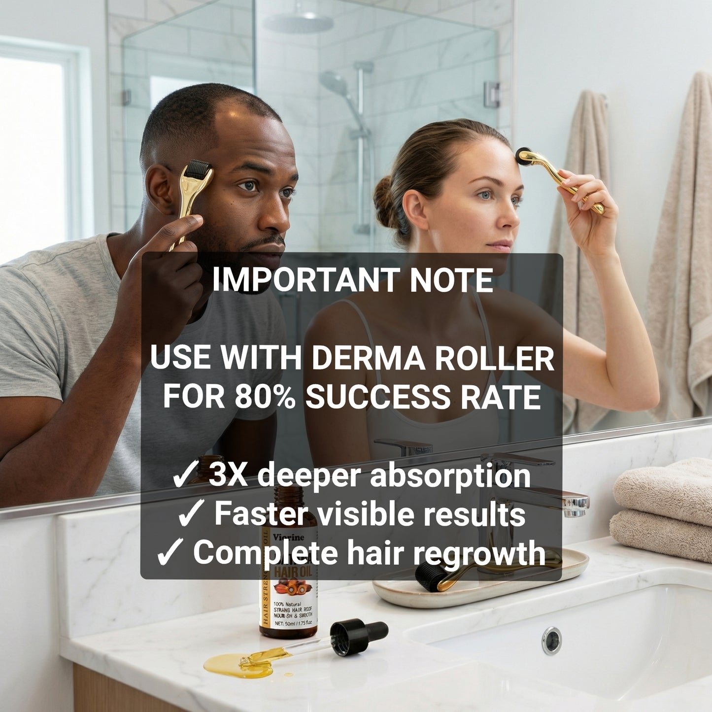 Two people using a derma roller on themselves in a bathroom setting with text about its effectiveness.