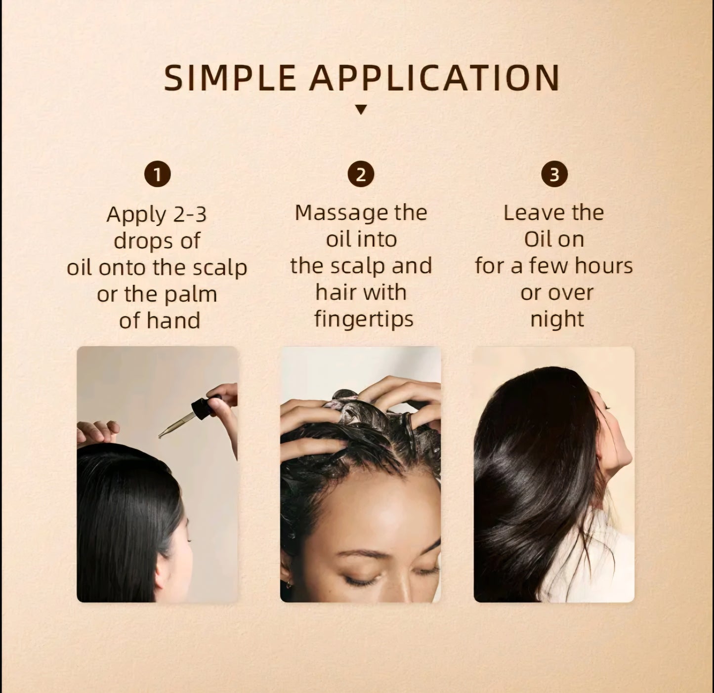 Step-by-step guide on applying oil to hair with images and text.