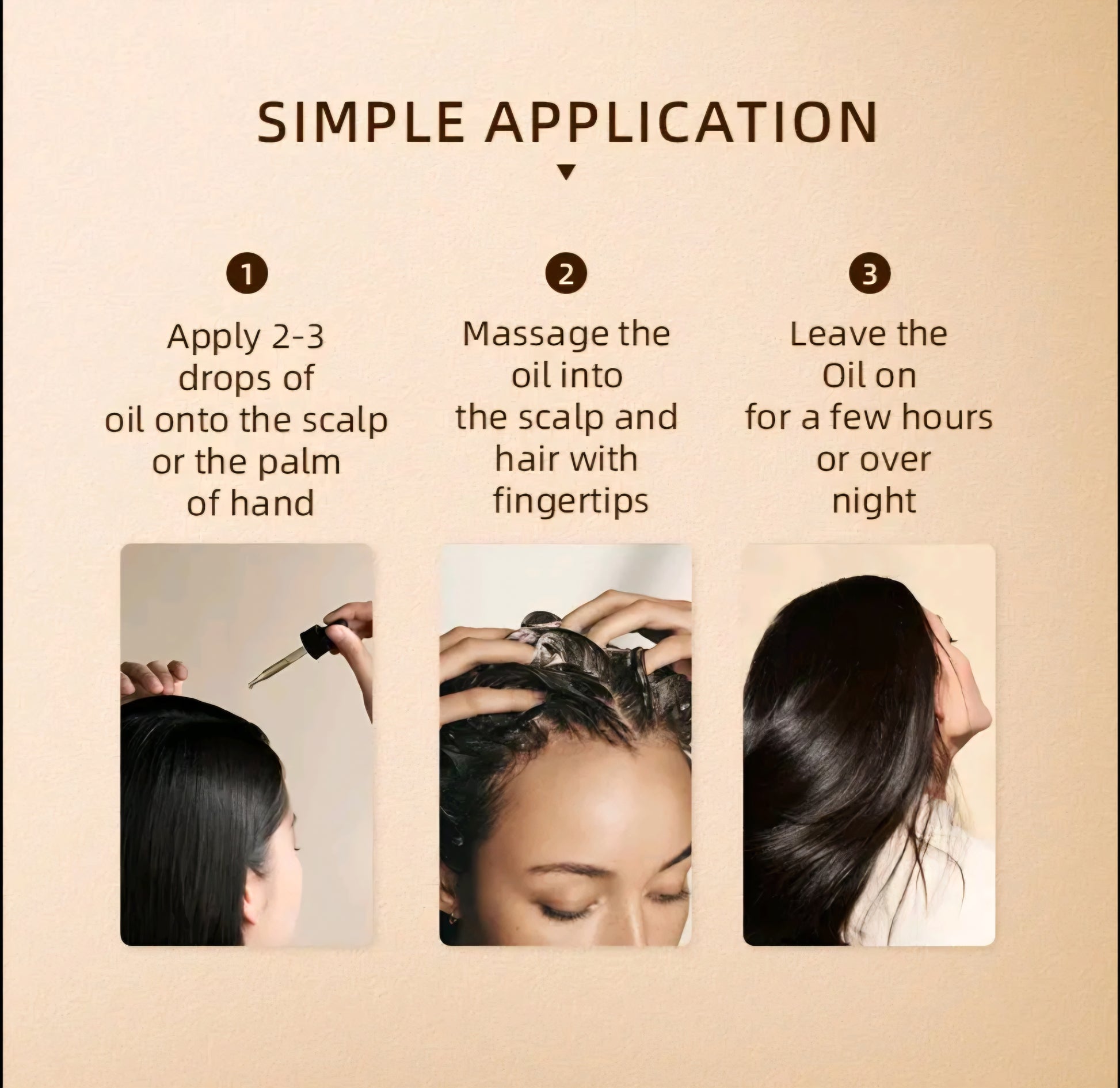 Step-by-step guide on applying oil to hair with images and text.