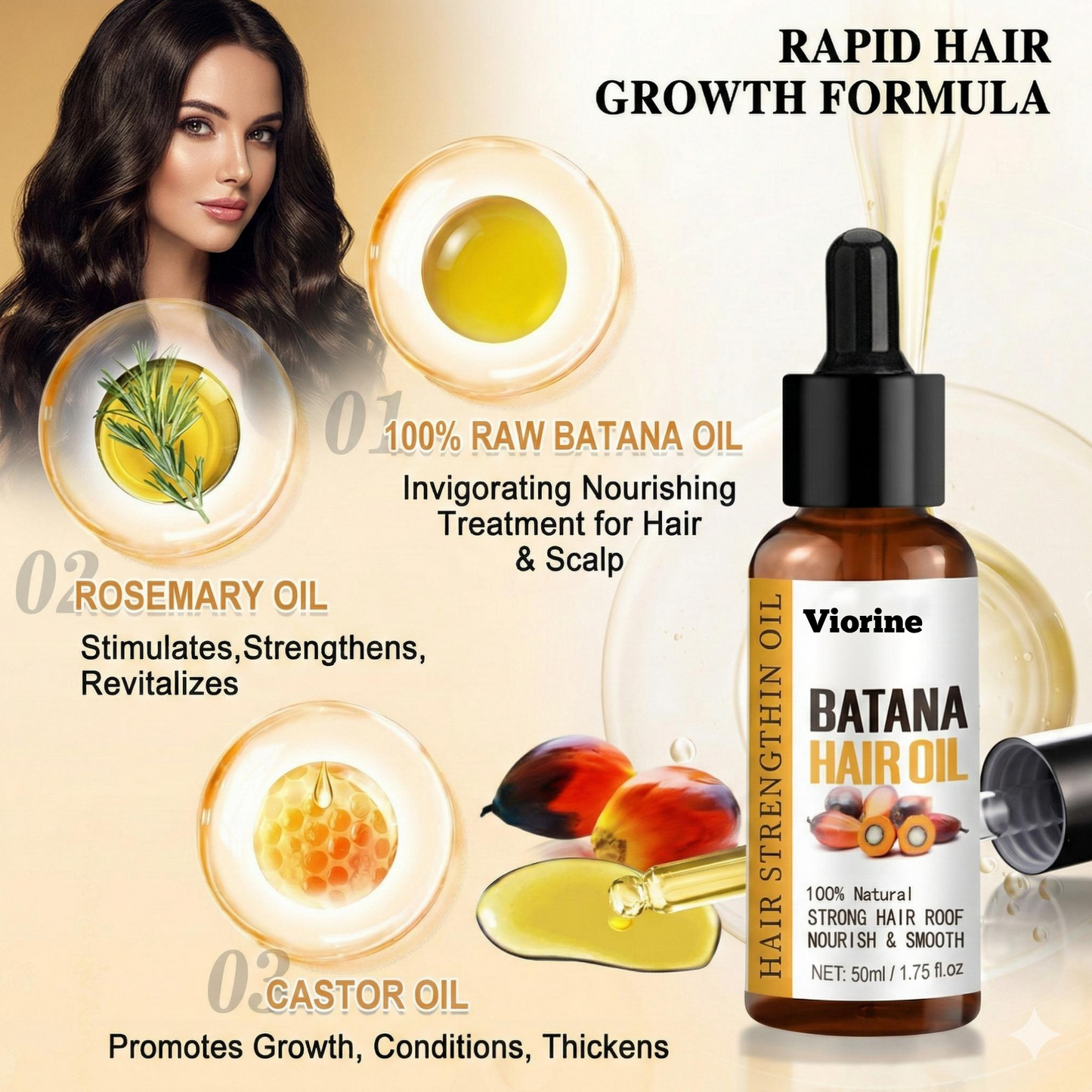 Viorine Batana Hair Oil with ingredients and benefits on a beige background